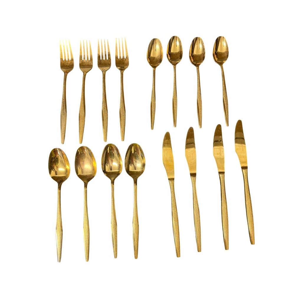 Interpur Gold Plated Flatware Set 16pc Textured Mid Century Modern Service 4